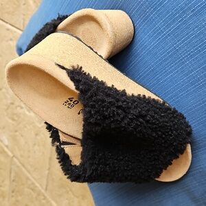 Sz 9 Birkenstock PAPILLIO Namica Teddy Shearling Fur Wedge Mules Slides- Black